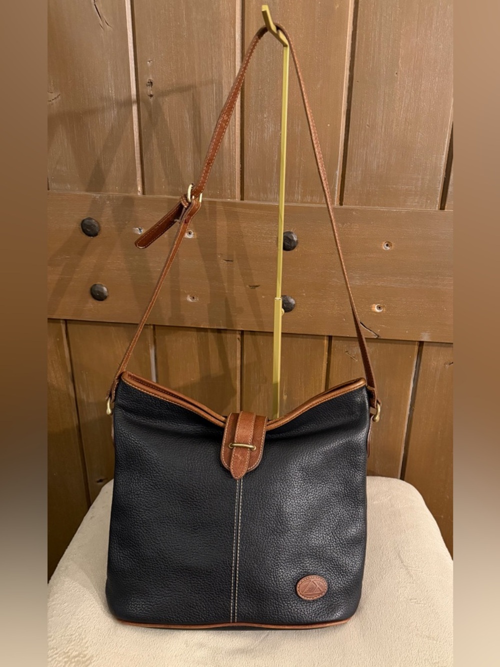 Vintage 90s Liz Claiborne Genuine Leather Shoulder Bag Black Brown Trim Korea